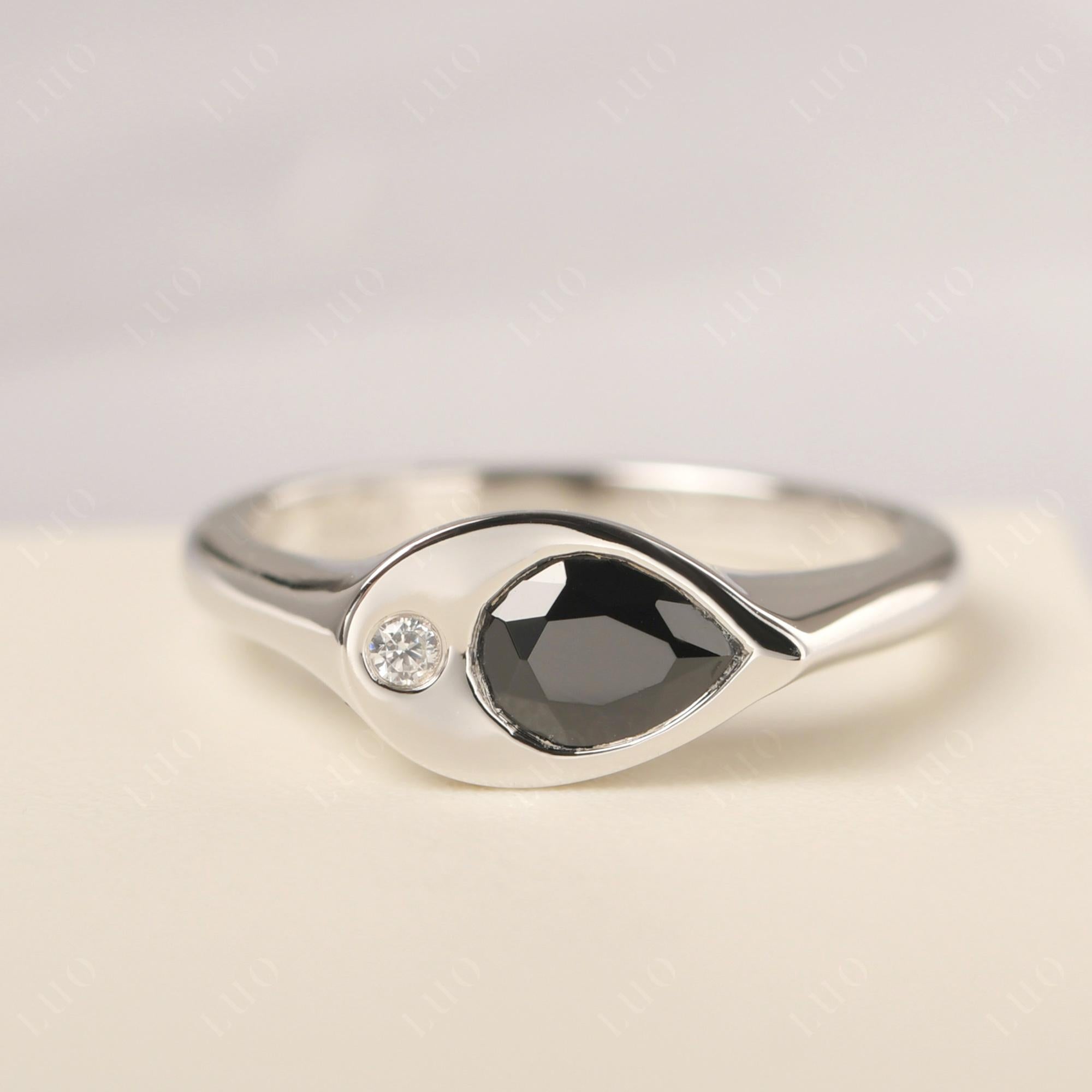 Black Stone East West Pear Engagement Ring - LUO Jewelry