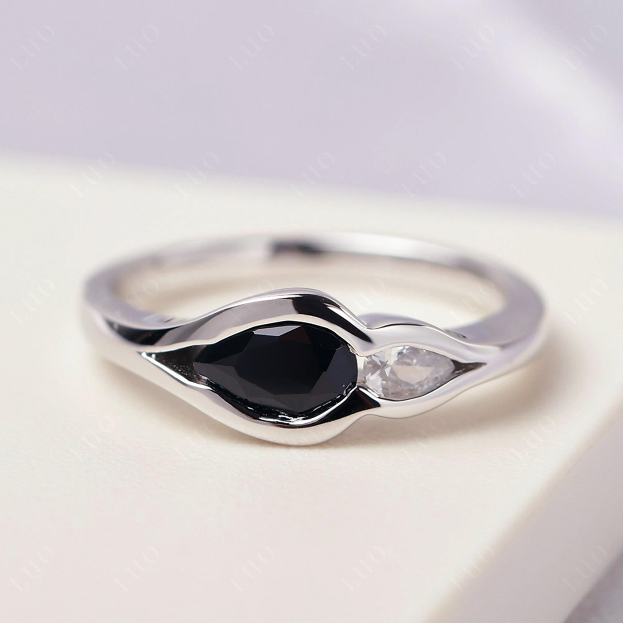 Vintage Black Spinel Bezel Pear Engagement Ring - LUO Jewelry