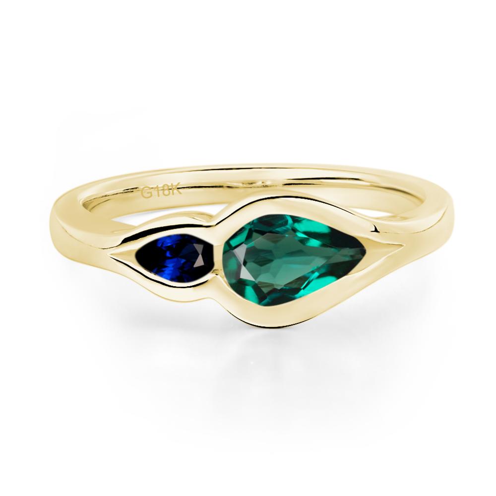 Vintage Lab Emerald and Sapphire Bezel Pear Engagement Ring - LUO Jewelry #metal_18k yellow gold