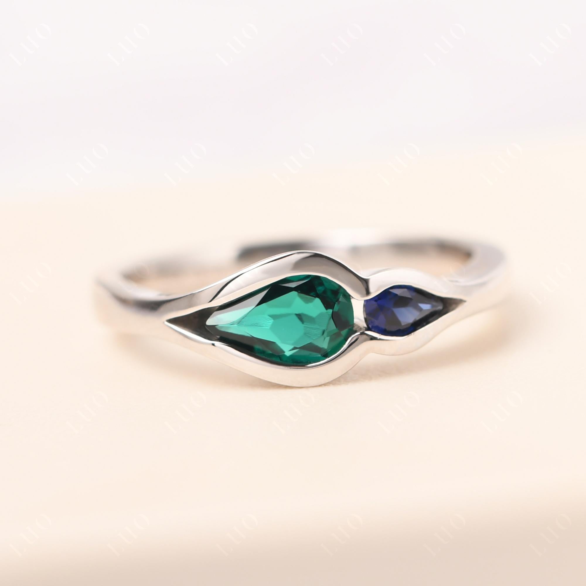 Vintage Lab Emerald and Sapphire Bezel Pear Engagement Ring - LUO Jewelry