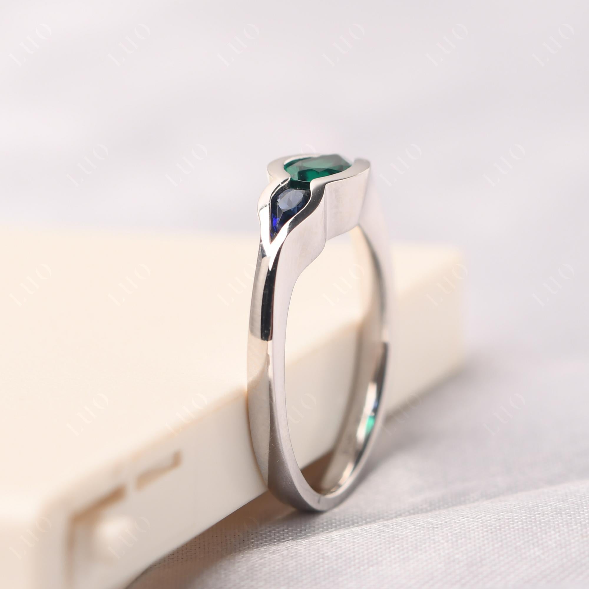 Vintage Lab Emerald and Sapphire Bezel Pear Engagement Ring - LUO Jewelry