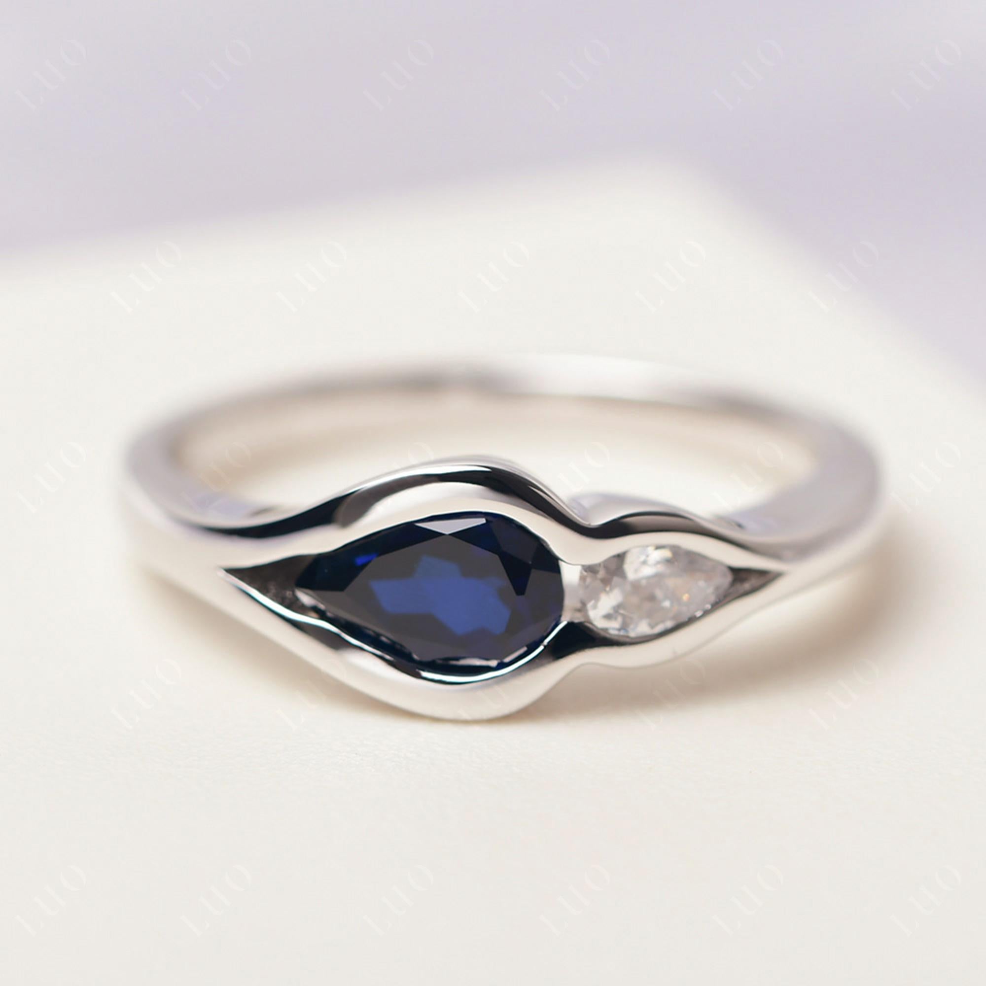 Vintage Lab Created Sapphire Bezel Pear Engagement Ring - LUO Jewelry