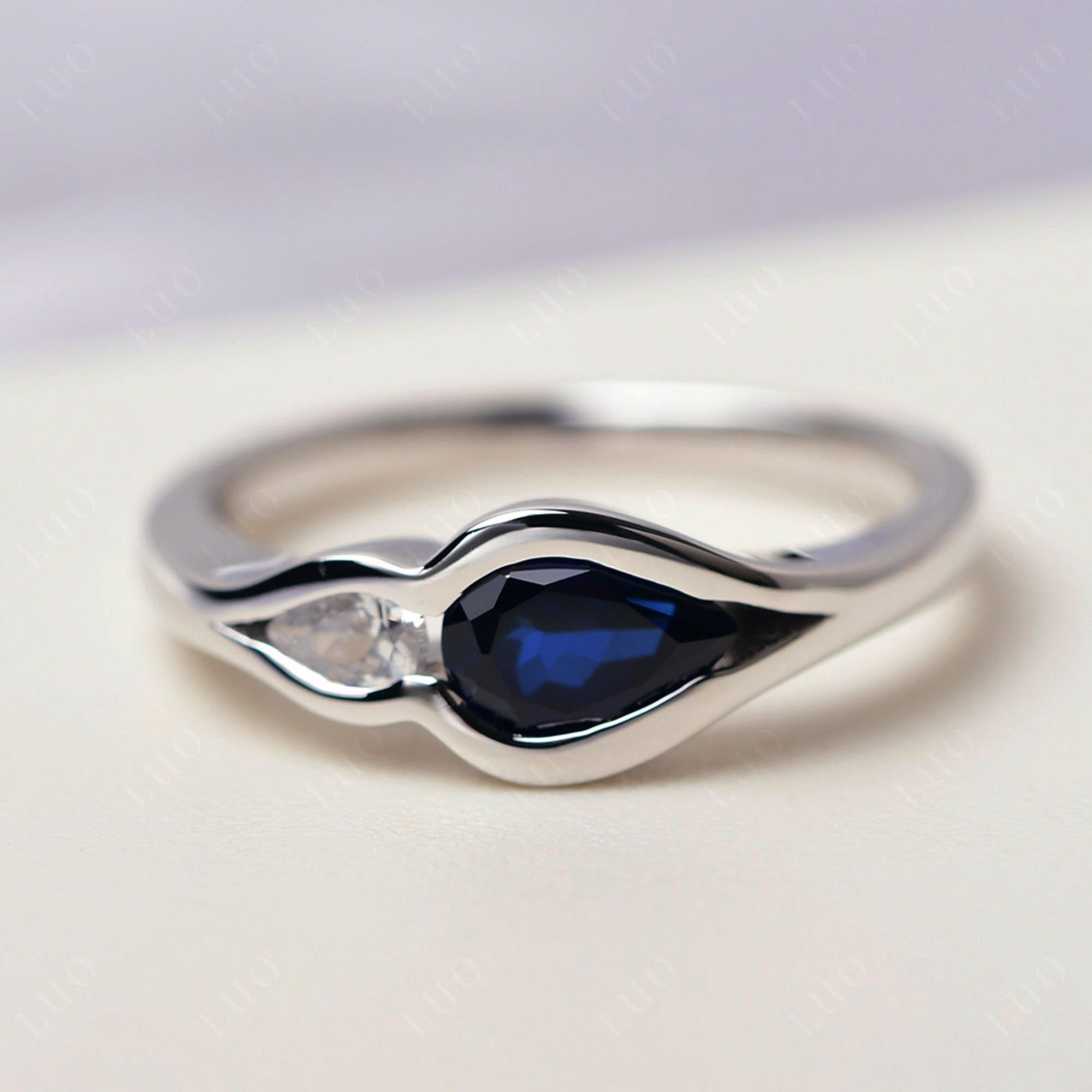 Vintage Lab Created Sapphire Bezel Pear Engagement Ring - LUO Jewelry