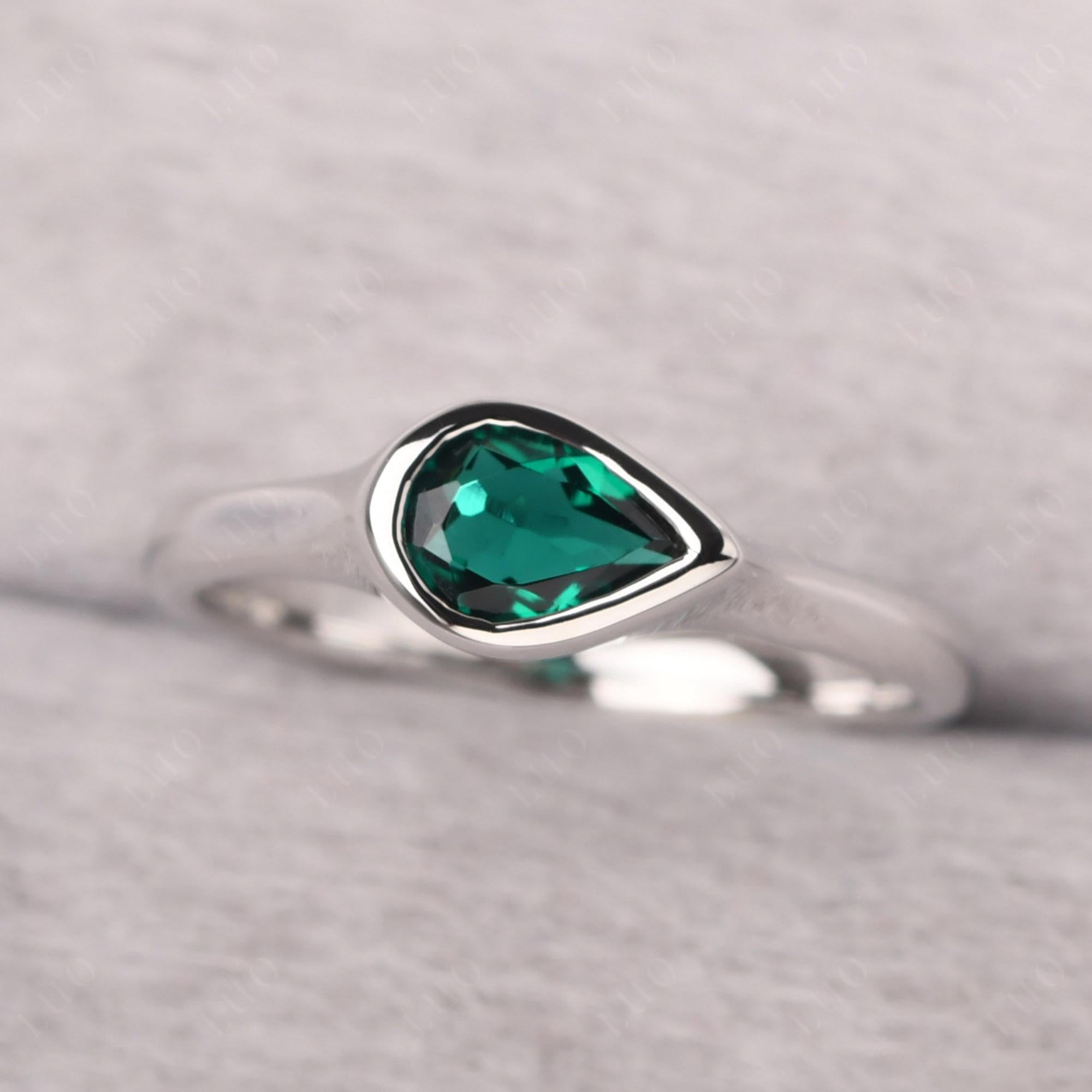 Horizontal Pear Lab Created Emerald Engagement Ring - LUO Jewelry
