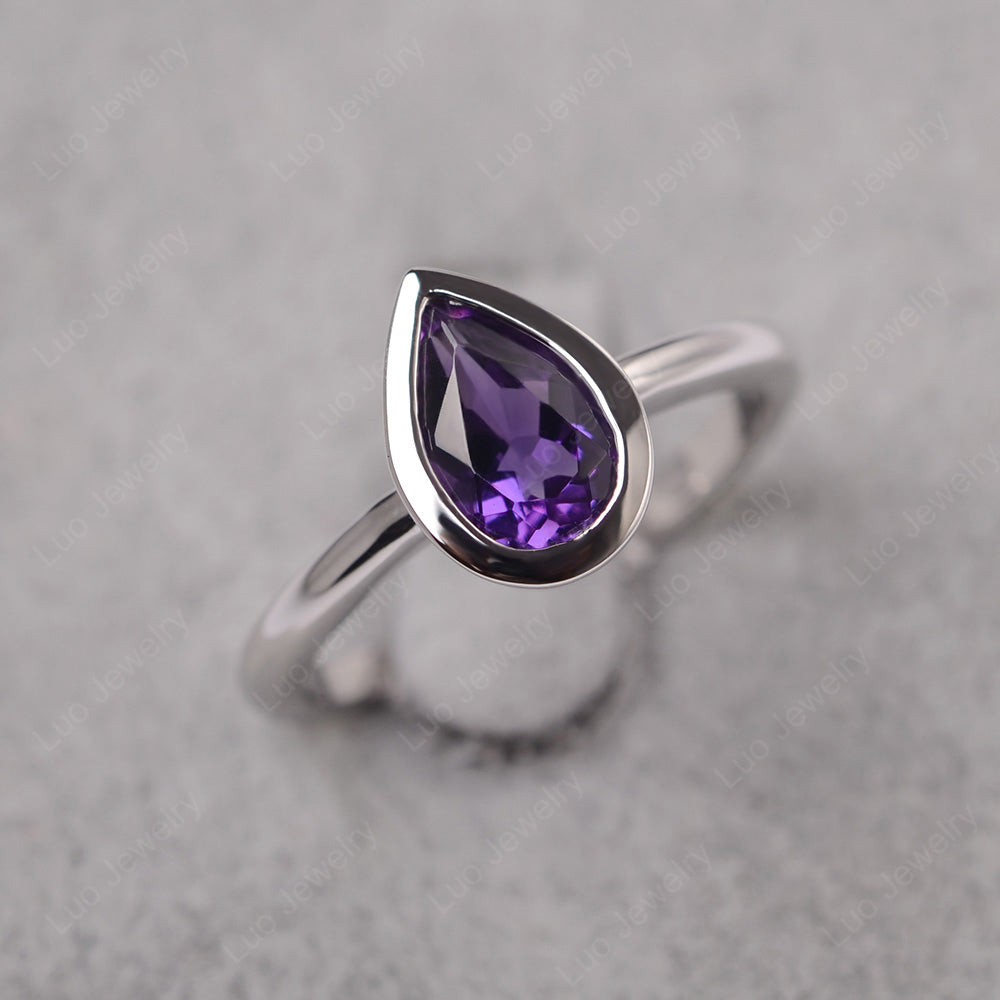 Pear Shaped Amethyst Bezel Set Ring Silver - LUO Jewelry