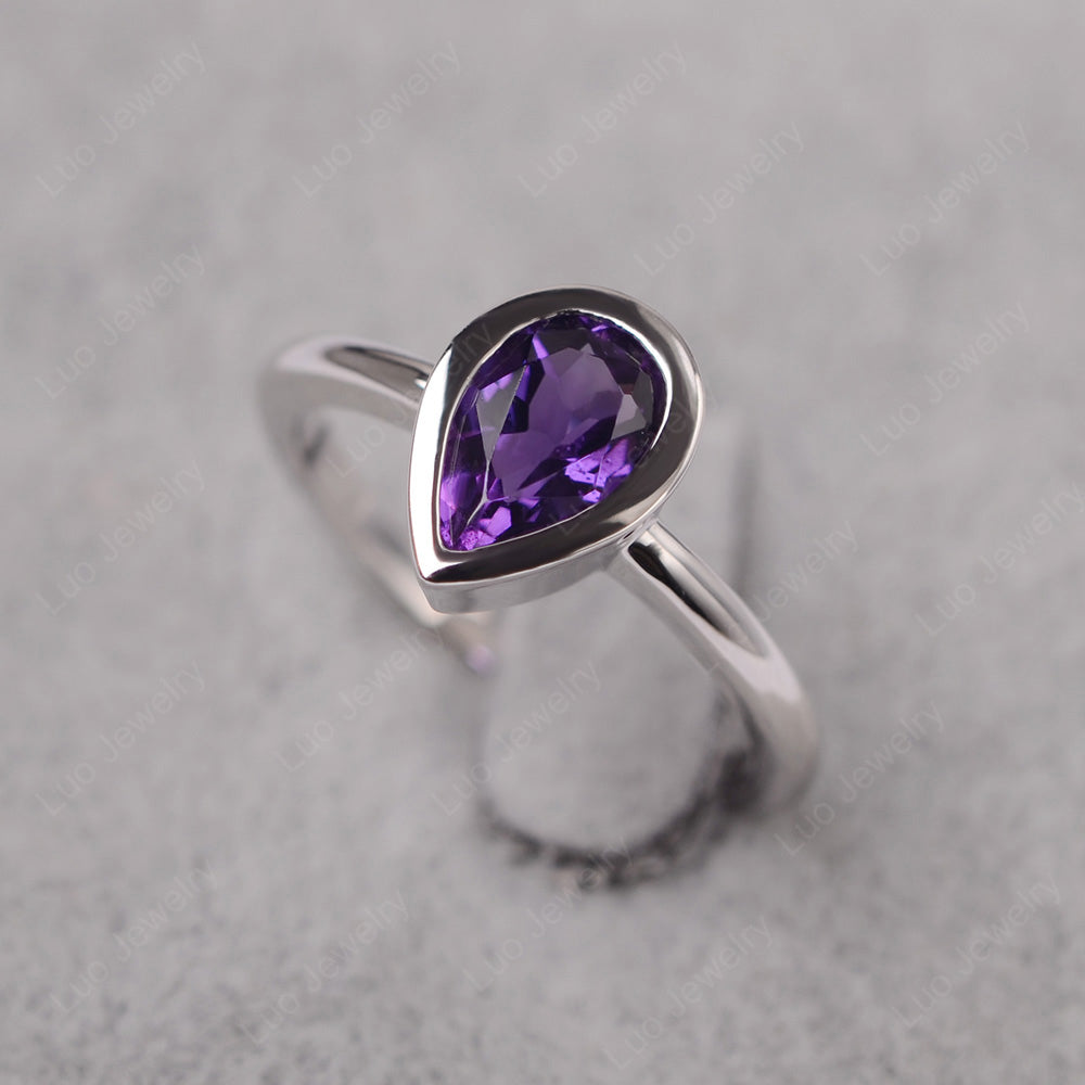 Pear Shaped Amethyst Bezel Set Ring Silver - LUO Jewelry