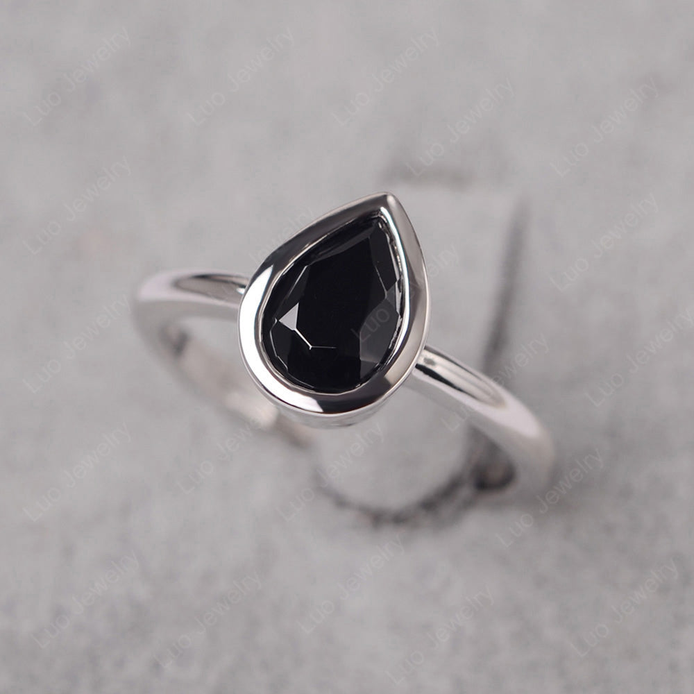 Pear Shaped Black Stone Bezel Set Ring Silver - LUO Jewelry