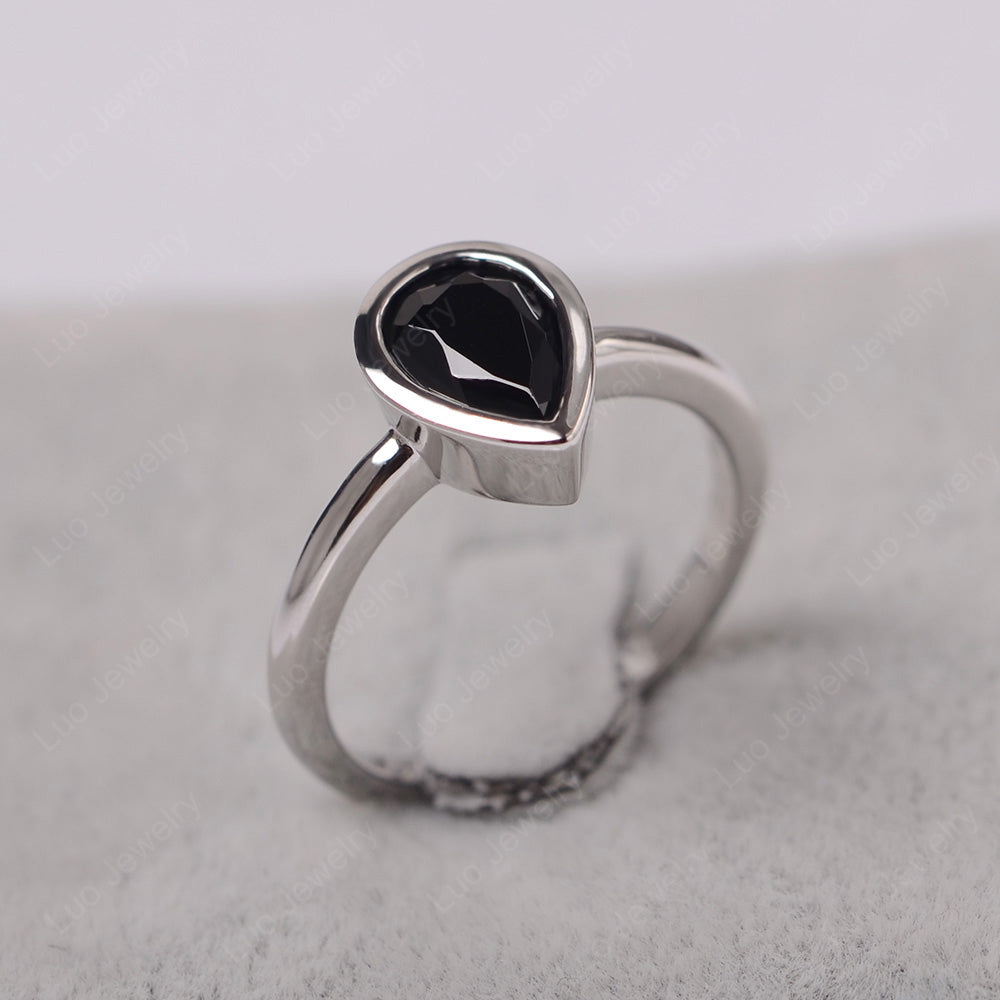 Pear Shaped Black Stone Bezel Set Ring Silver - LUO Jewelry