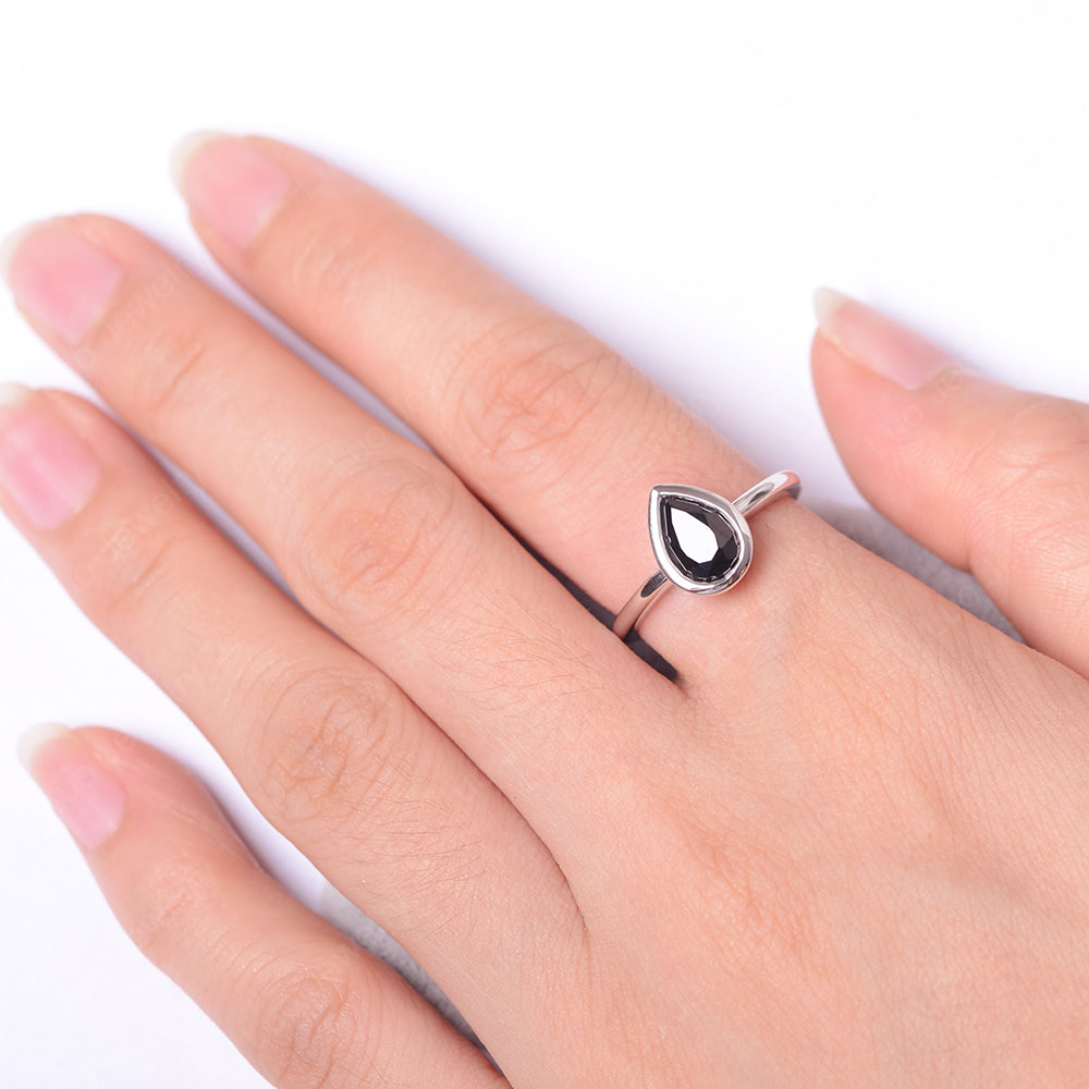 Pear Shaped Black Stone Bezel Set Ring Silver - LUO Jewelry
