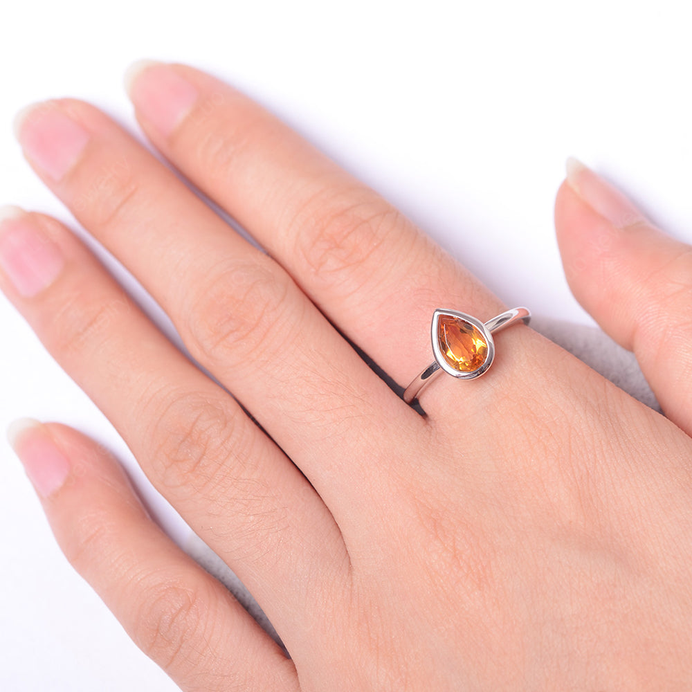 Pear Shaped Citrine Bezel Set Ring Silver - LUO Jewelry