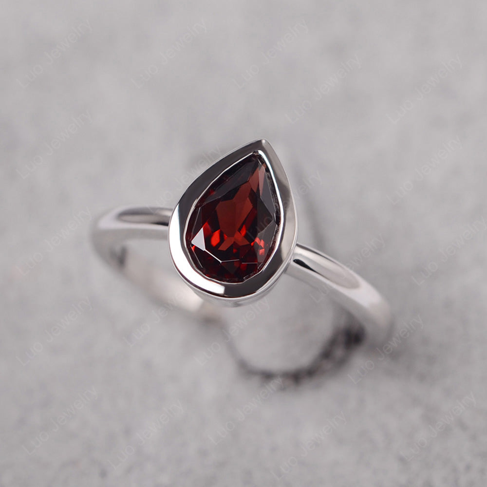 Pear Shaped Garnet Bezel Set Ring Silver - LUO Jewelry