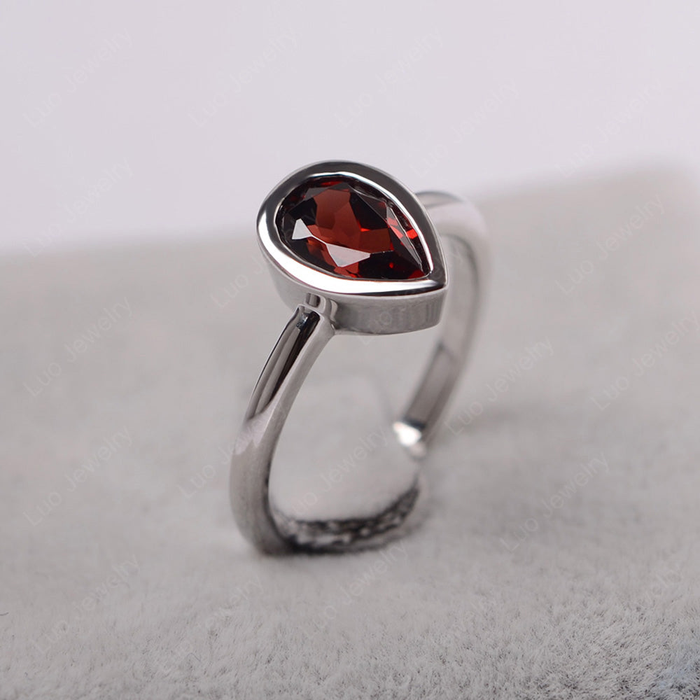 Pear Shaped Garnet Bezel Set Ring Silver - LUO Jewelry