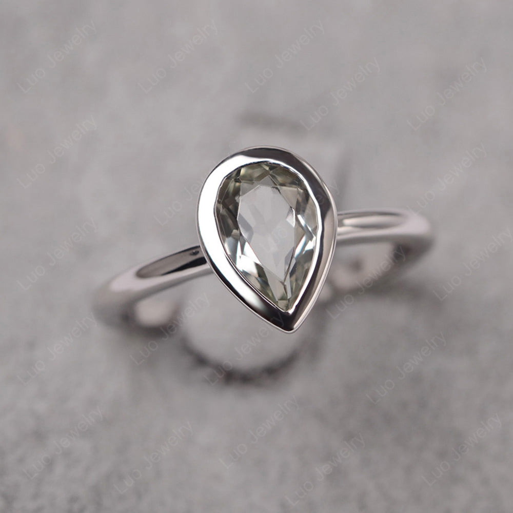 Pear Shaped Green Amethyst Bezel Set Ring Silver - LUO Jewelry