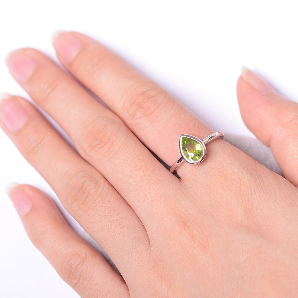 Pear Shaped Peridot Bezel Set Ring Silver - LUO Jewelry
