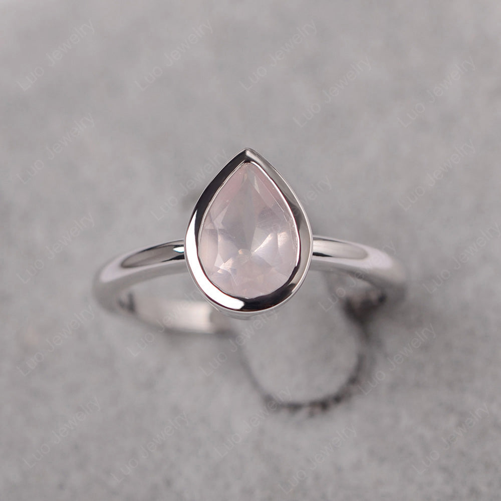 Pear Shaped Rose Quartz Bezel Set Ring Silver - LUO Jewelry