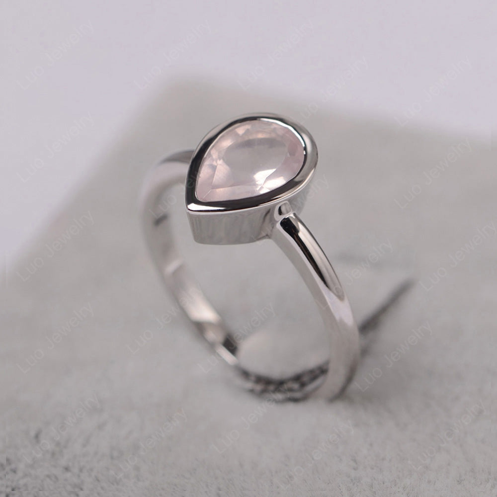 Pear Shaped Rose Quartz Bezel Set Ring Silver - LUO Jewelry