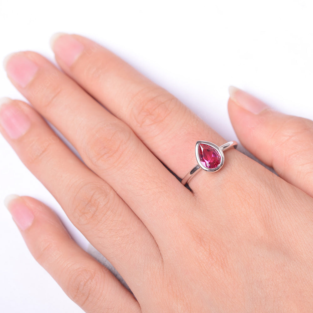 Pear Shaped Ruby Bezel Set Ring Silver - LUO Jewelry