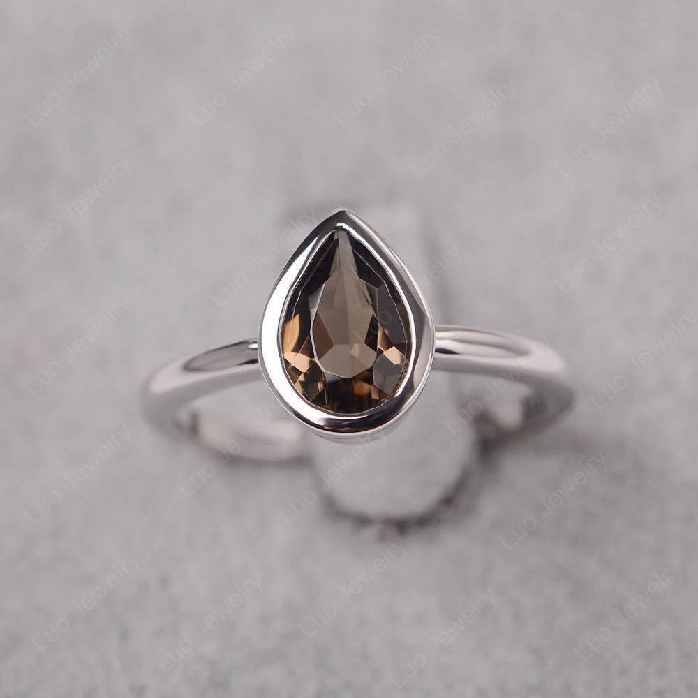 Pear Shaped Smoky Quartz  Bezel Set Ring Silver - LUO Jewelry