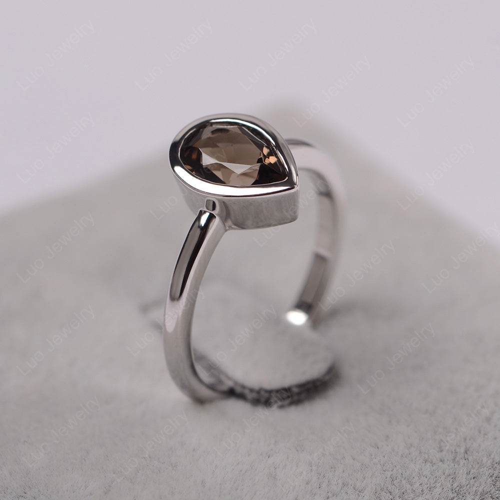 Pear Shaped Smoky Quartz  Bezel Set Ring Silver - LUO Jewelry