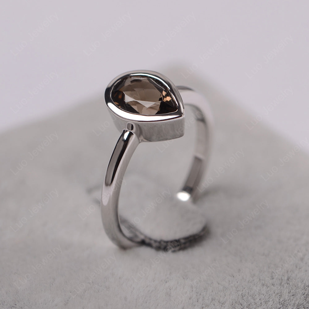 Pear Shaped Smoky Quartz  Bezel Set Ring Silver - LUO Jewelry