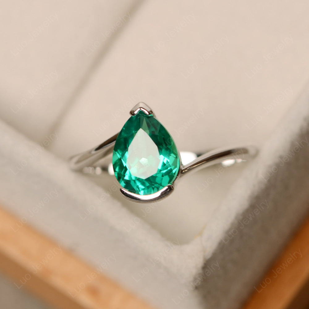 Pear Shaped Lab Emerald Solitaire Engagement Ring - LUO Jewelry