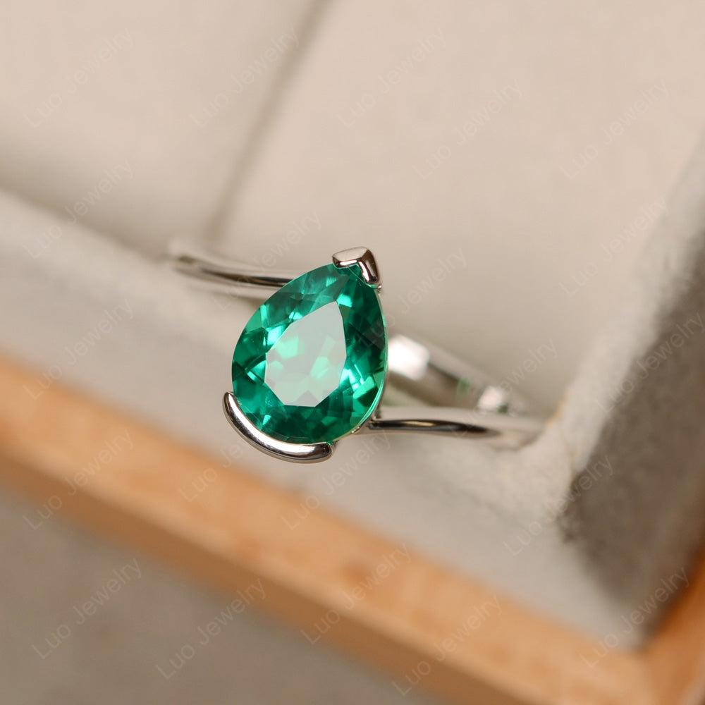 Pear Shaped Lab Emerald Solitaire Engagement Ring - LUO Jewelry