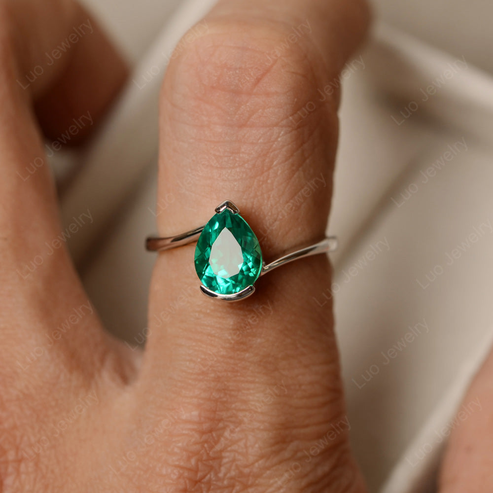 Pear Shaped Lab Emerald Solitaire Engagement Ring - LUO Jewelry