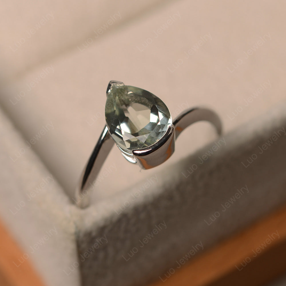 Pear Shaped Green Amethyst Solitaire Engagement Ring - LUO Jewelry