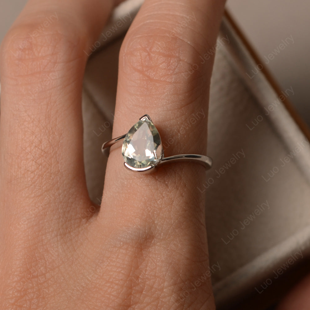 Pear Shaped Green Amethyst Solitaire Engagement Ring - LUO Jewelry