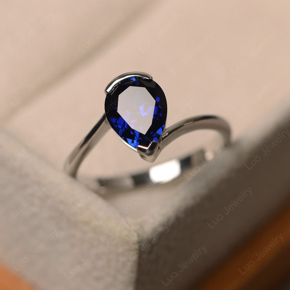 Pear Shaped Lab Sapphire Solitaire Engagement Ring - LUO Jewelry