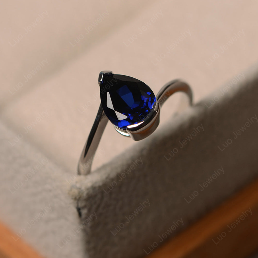 Pear Shaped Lab Sapphire Solitaire Engagement Ring - LUO Jewelry