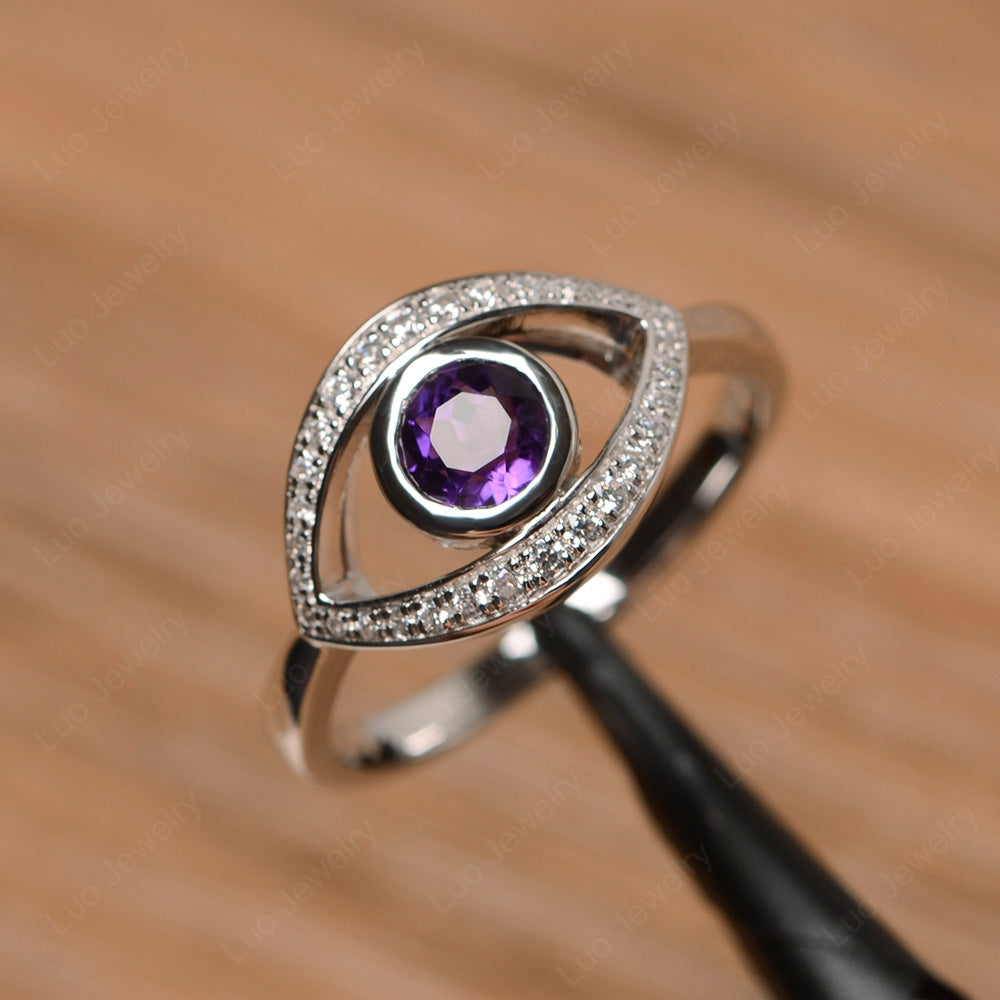 Amethyst Evil Ring Bezel Set White Gold - LUO Jewelry