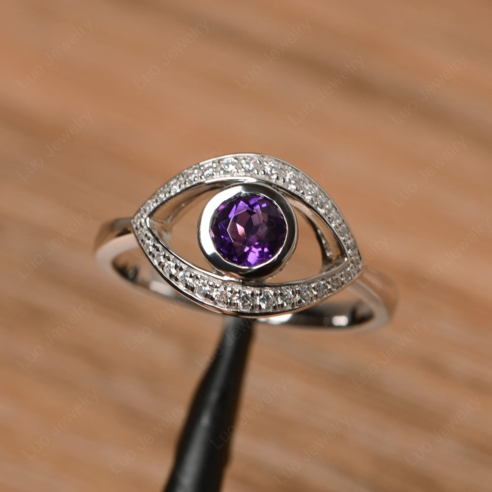 Amethyst Evil Ring Bezel Set White Gold - LUO Jewelry