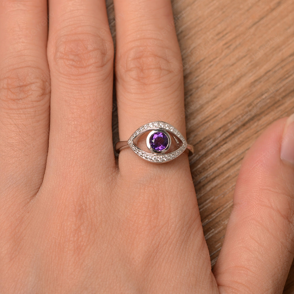 Amethyst Evil Ring Bezel Set White Gold - LUO Jewelry