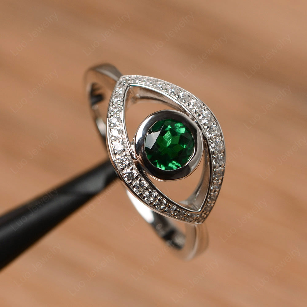 Lab Emerald Evil Ring Bezel Set White Gold - LUO Jewelry