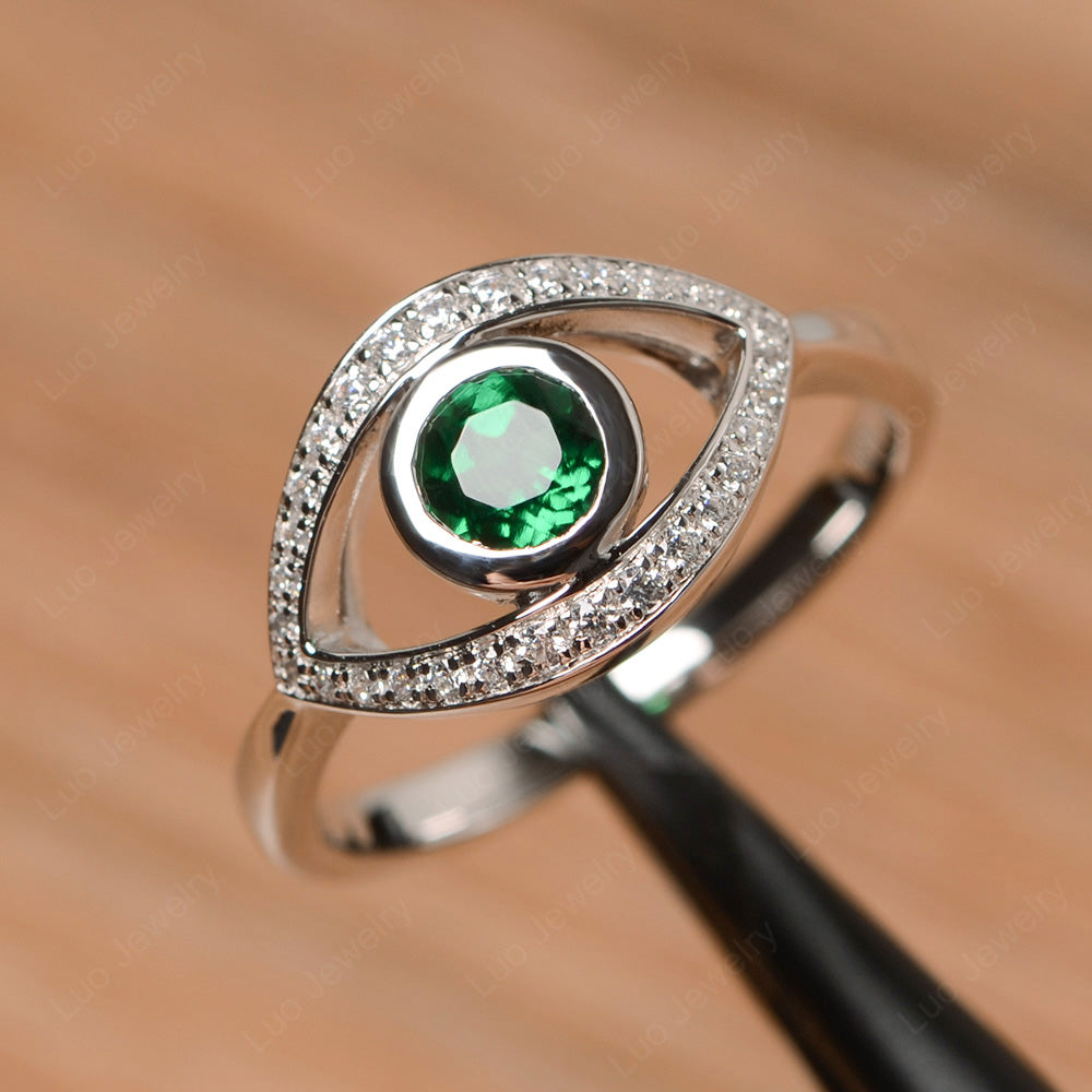 Lab Emerald Evil Ring Bezel Set White Gold - LUO Jewelry