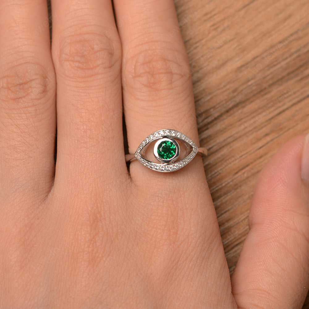 Lab Emerald Evil Ring Bezel Set White Gold - LUO Jewelry