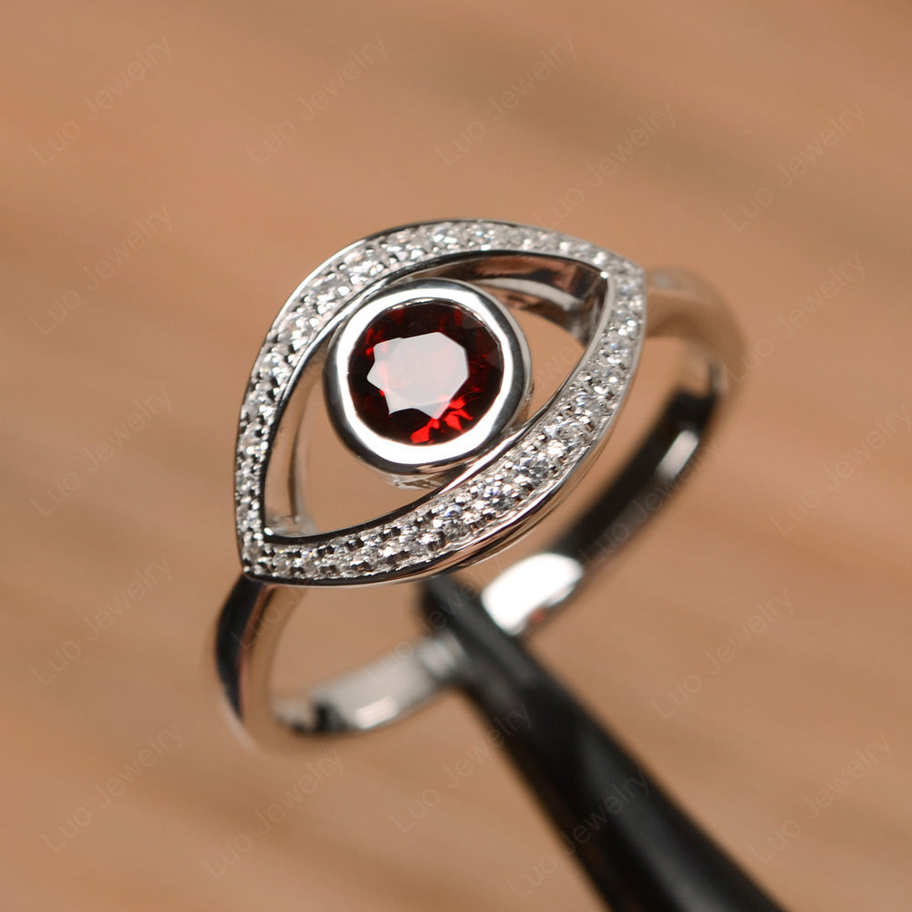 Garnet Evil Ring Bezel Set White Gold - LUO Jewelry