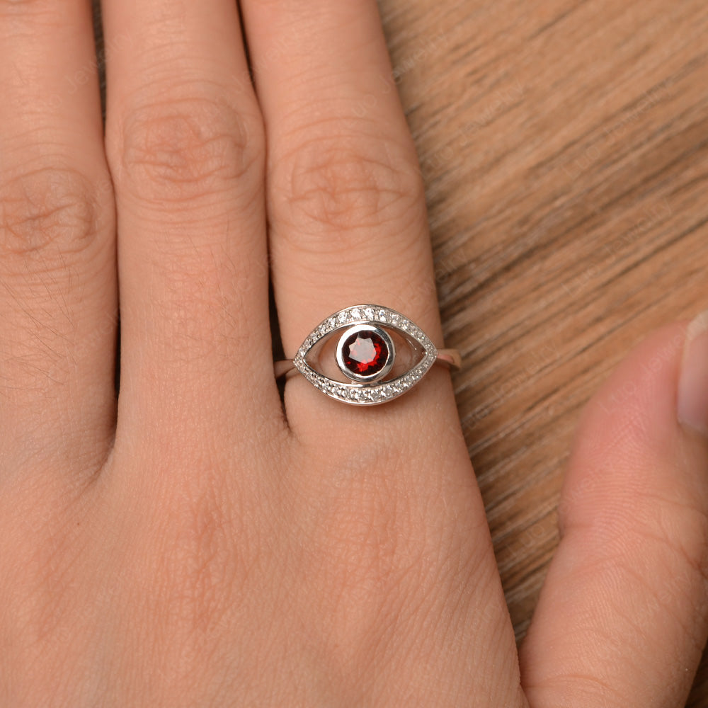 Garnet Evil Ring Bezel Set White Gold - LUO Jewelry