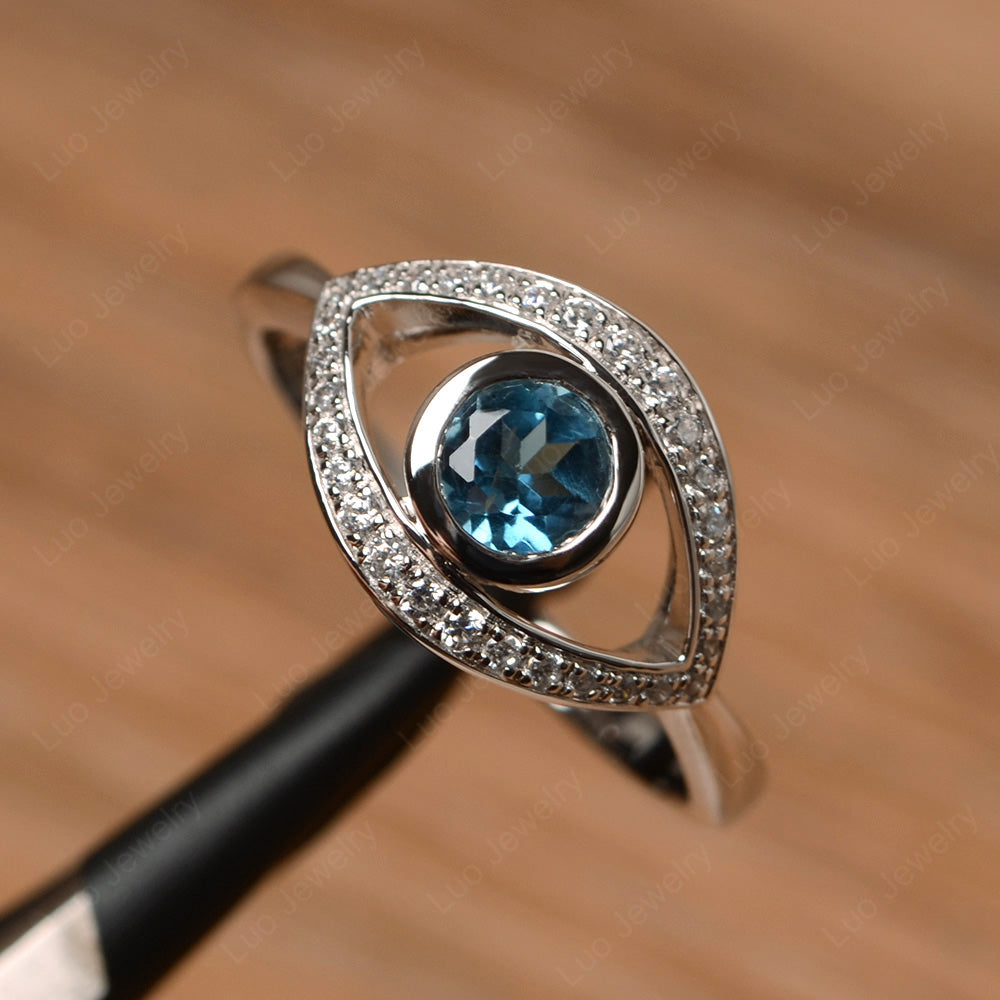 London Blue Topaz Evil Ring Bezel Set White Gold - LUO Jewelry