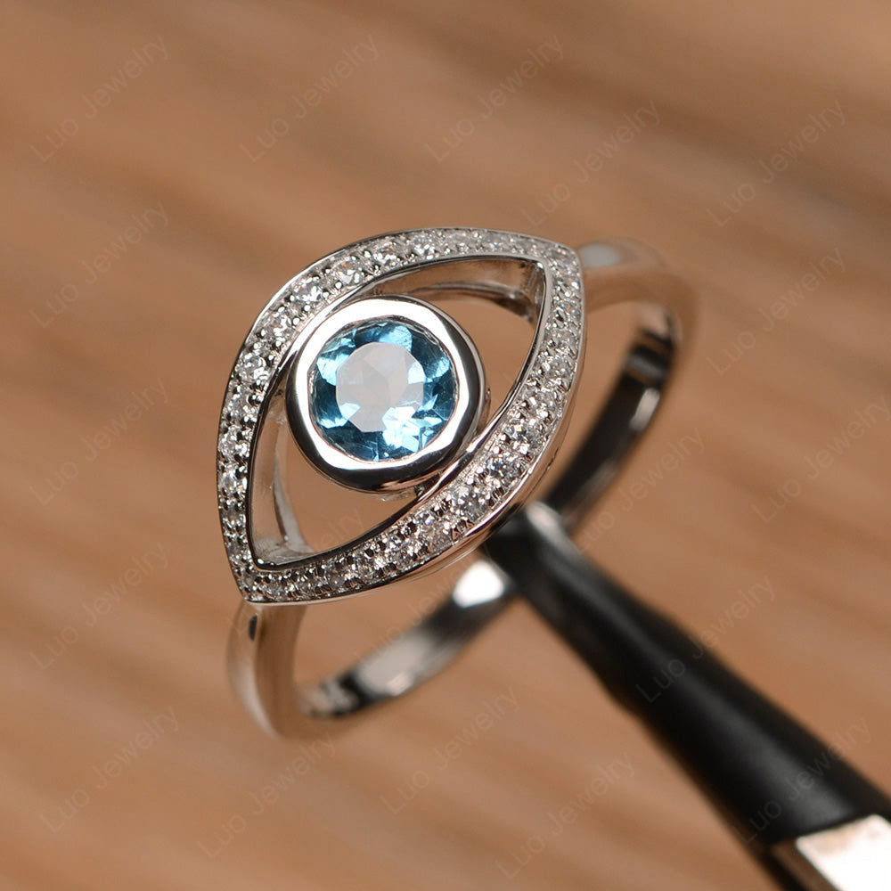 London Blue Topaz Evil Ring Bezel Set White Gold - LUO Jewelry