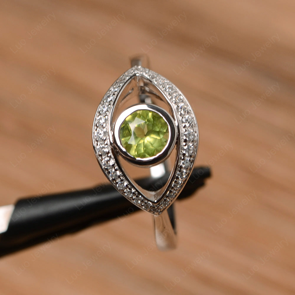 Peridot Evil Ring Bezel Set White Gold - LUO Jewelry