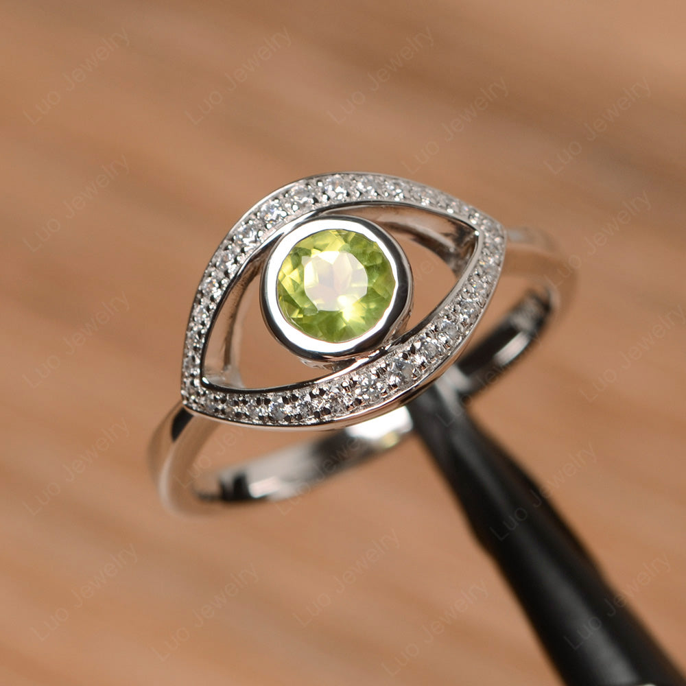 Peridot Evil Ring Bezel Set White Gold - LUO Jewelry