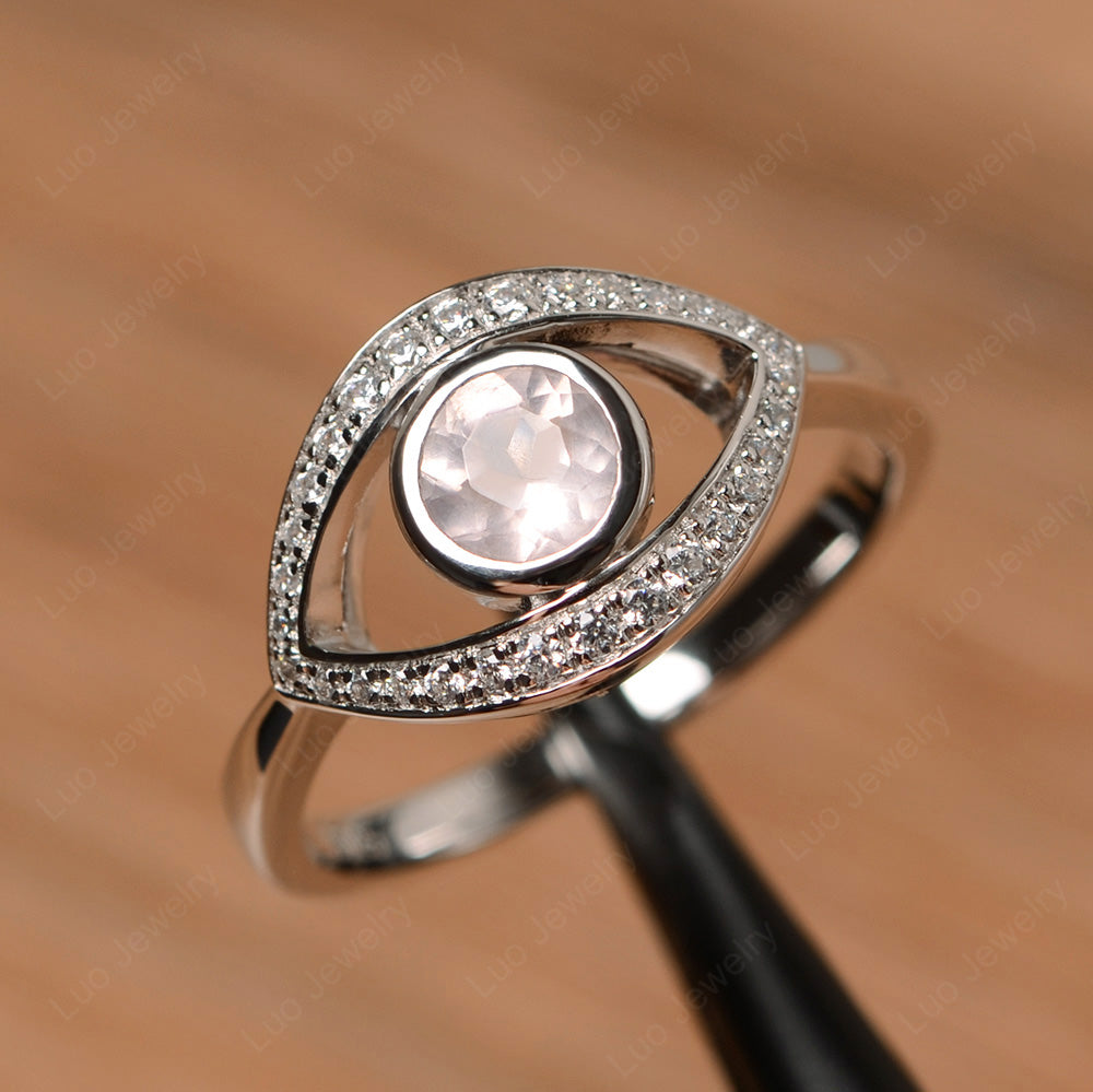 Rose Quartz Evil Ring Bezel Set White Gold - LUO Jewelry