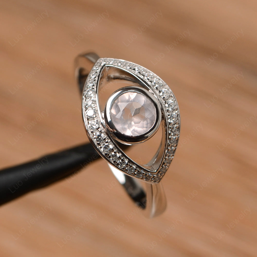 Rose Quartz Evil Ring Bezel Set White Gold - LUO Jewelry