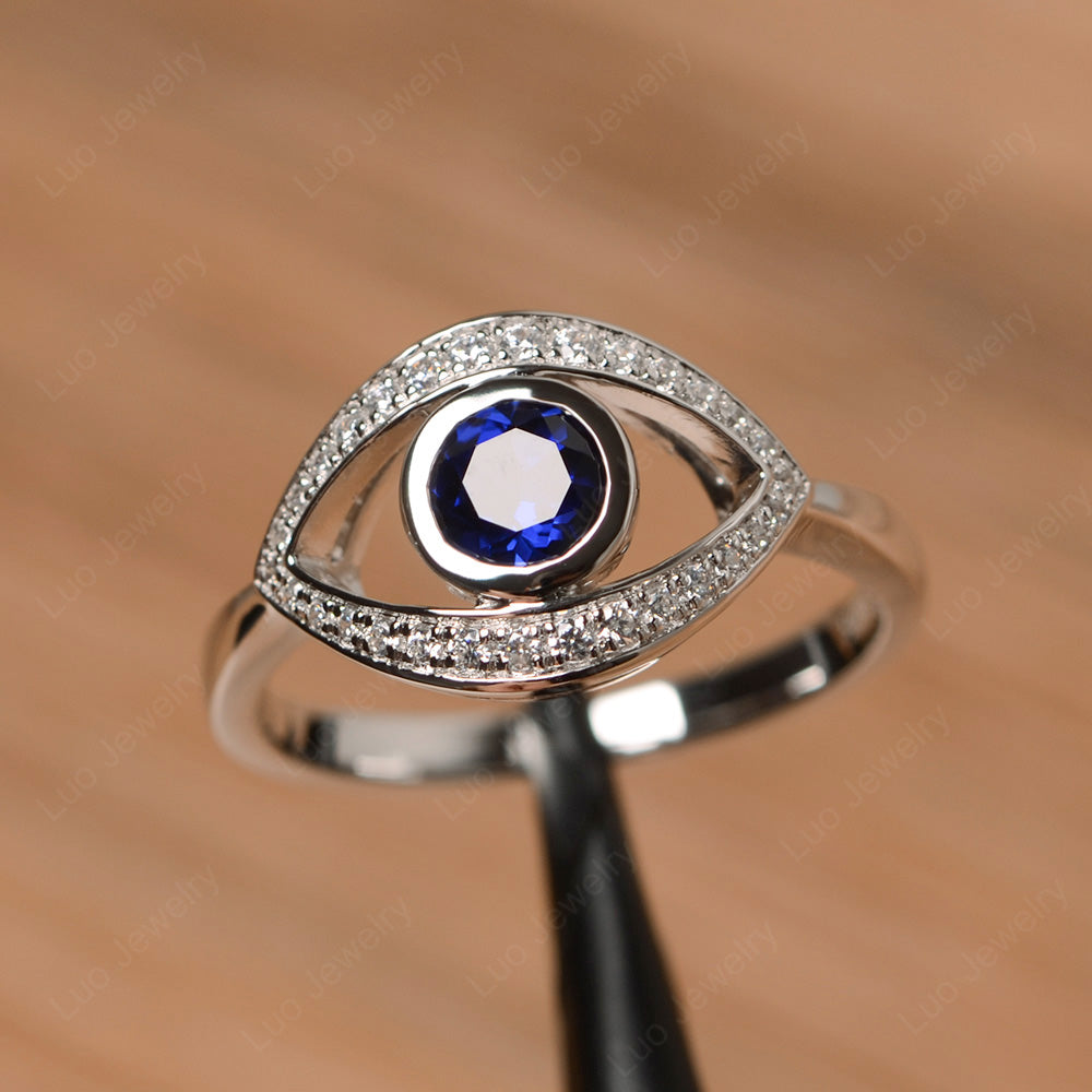 Lab Sapphire Evil Ring Bezel Set White Gold - LUO Jewelry