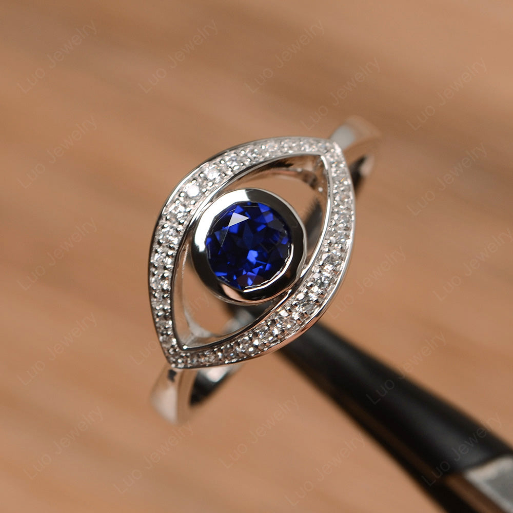 Lab Sapphire Evil Ring Bezel Set White Gold - LUO Jewelry