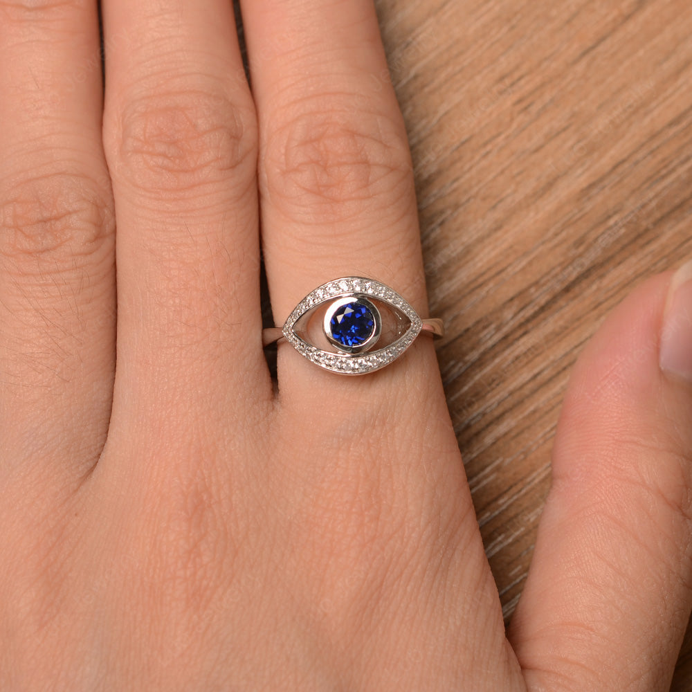 Lab Sapphire Evil Ring Bezel Set White Gold - LUO Jewelry