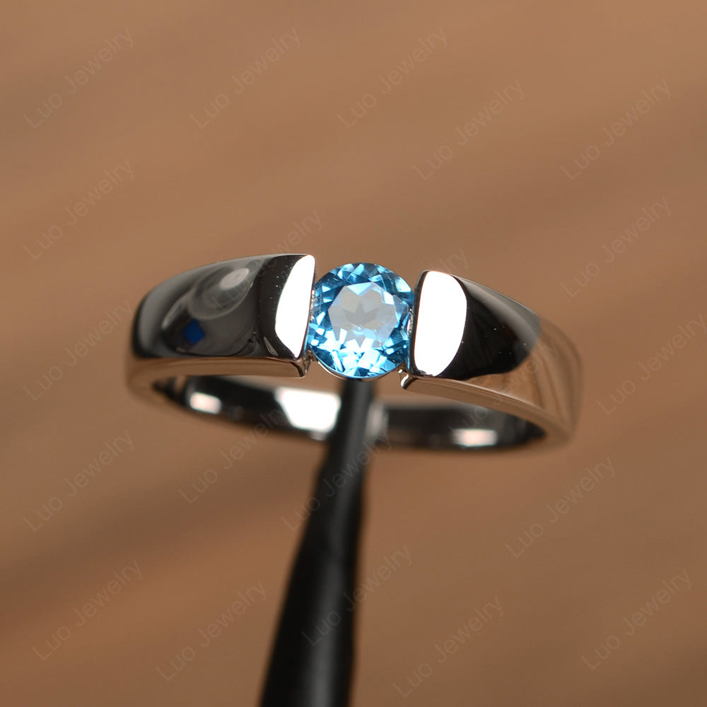 Swiss Blue Topaz Solitaire Wide Band Ring Yellow Gold - LUO Jewelry