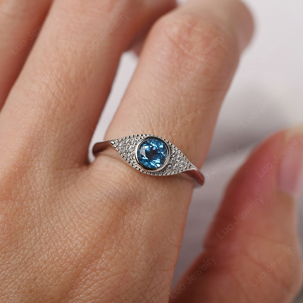 Swiss Blue Topaz Ring Evil Eye Ring Yellow Gold - LUO Jewelry